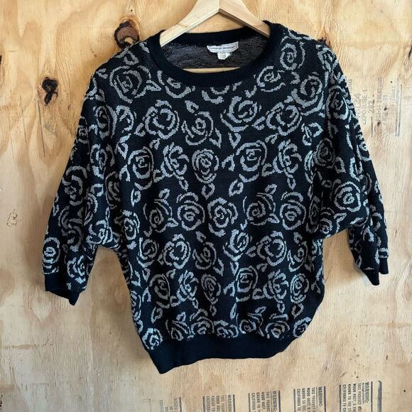 Vintage Sharon Anthony Black & Metallic Silver Floral Sweater Sz 18W/38 - Picture 1 of 5